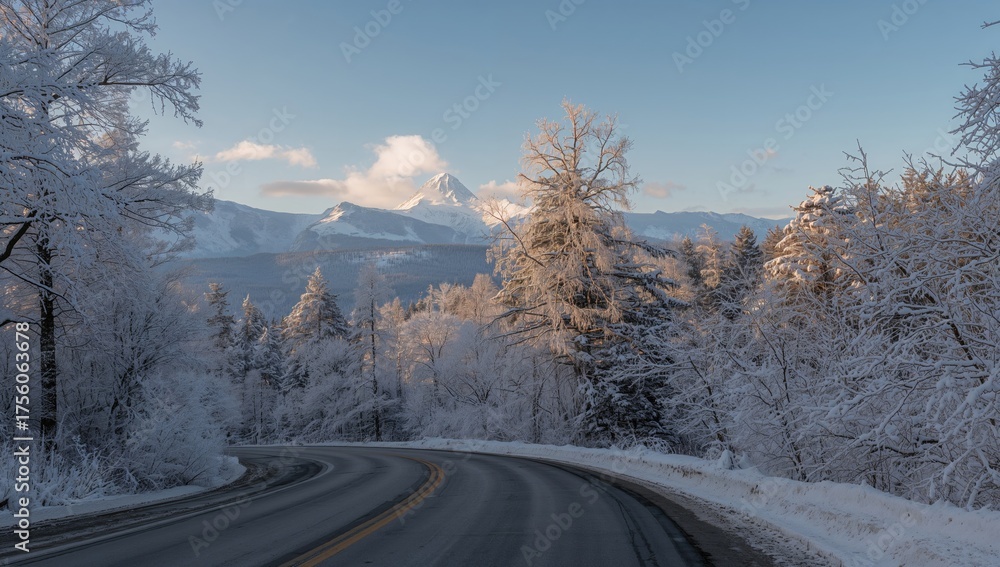 Obraz premium Scenic early daylight view of a pathway flanked by frosted trees