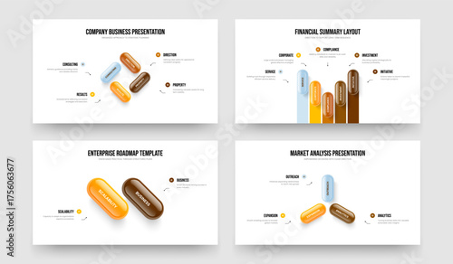 Marketing Visualization Four Five Two Three Option Infographic Slide Layout Vector Illustration Set. Creative Solution 4 5 2 3 Step Diagram Slideshow Design Collection.