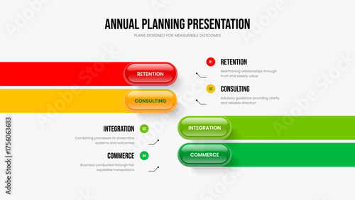 Enterprise Portfolio Slide Template Vector Illustration. Visual Briefing 4 Option Diagram Frame Layout. Product Profile Four Element Infographic Slideshow Design.