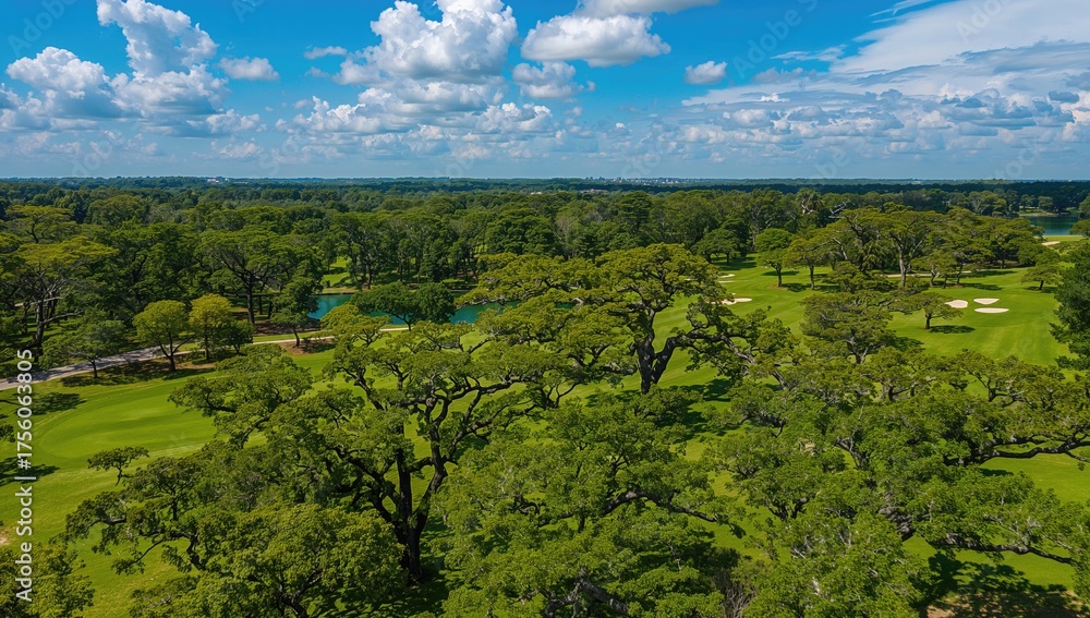 Obraz premium Bird's-eye view of a golf course featuring vibrant greenery and surrounding trees