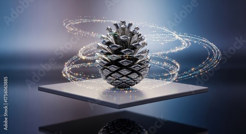 Gleaming pinecone floats amid sparkling trails on platform