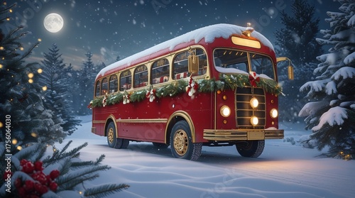 A joyful winter wonderland scene featuring a vintage bus adorned with festive decorations, evoking the nostalgic charm of a classic Christmas card. 