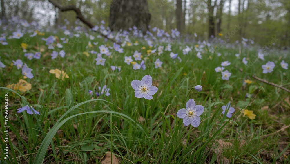 Fototapeta premium Stunning wild blooms featuring blue hepatica and white anemones in a woodland setting during early spring.