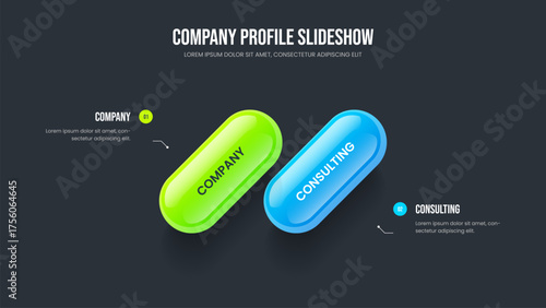 Market Forecast Slideshow Design Vector Illustration. Project Portfolio Two Option Diagram Slide Layout. Corporate Analysis 2 Element Infographic Frame Template.