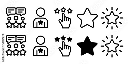 Collection of 10 black and white icons representing feedback ratings and customer satisfaction