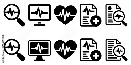 Set of medical icons featuring heartbeat ecg monitor magnifying glass and documents