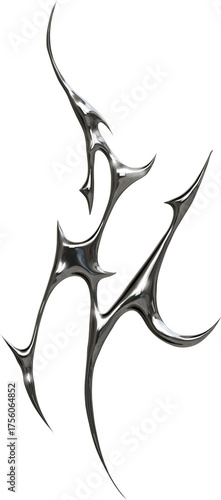 Futuristic chrome cybersigilism, neotribalism, gothic design with metallic spikes and abstract shapes transparent background, 3D digital render in sci-fi style.