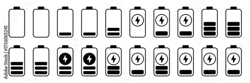 Set of 20 minimalist battery icons showing charge levels and charging status