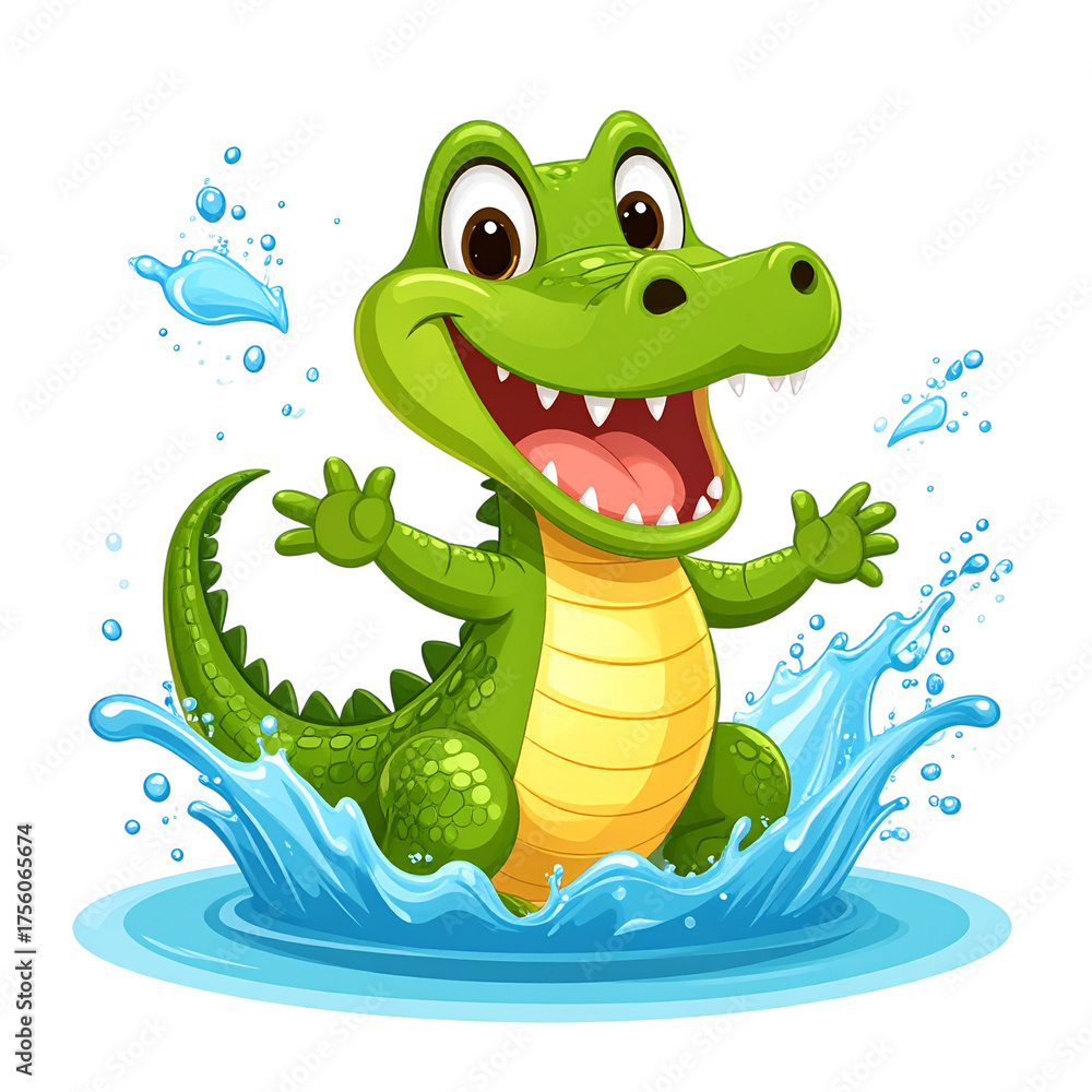 Fototapeta premium Cute alligator PNG splashing water with joyful smile, playful cartoon vector, fun reptile illustration, summer fun, water play, animal clipart, isolated, colorful vector art