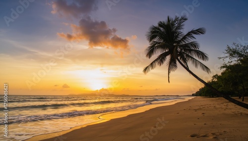 Silhouette of a coconut palm at dawn by the shore
