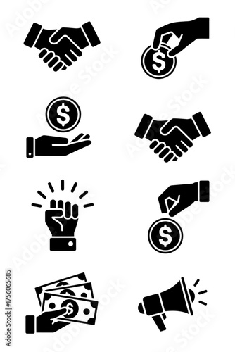 Business icons set handshake coin money hand fist megaphone symbols for finance and communication