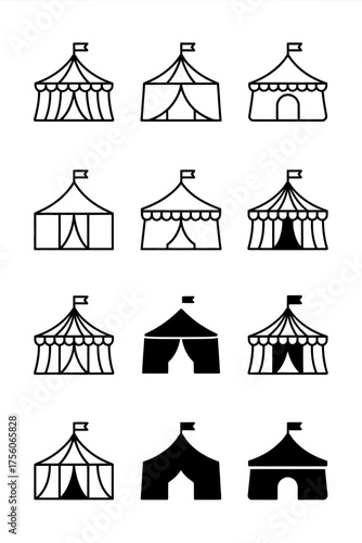 Set of 10 minimalist black and white circus tents and marquee icons for design projects
