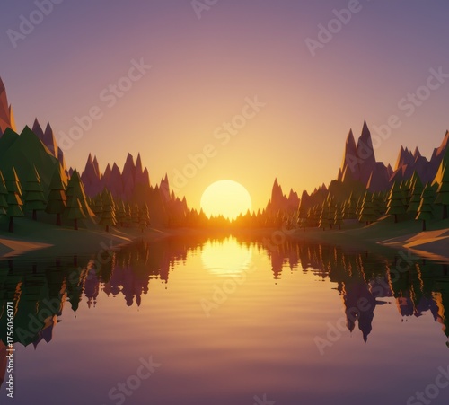 Low-poly lake reflects sunset between silhouetted trees and geometric mountains