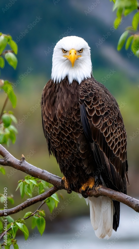 Obraz premium Bald eagle perched on branch looking directly at camera