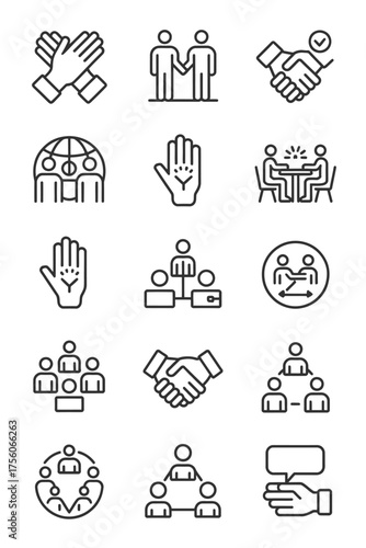 Set of 15 black and white line art icons representing collaboration teamwork and business relationships