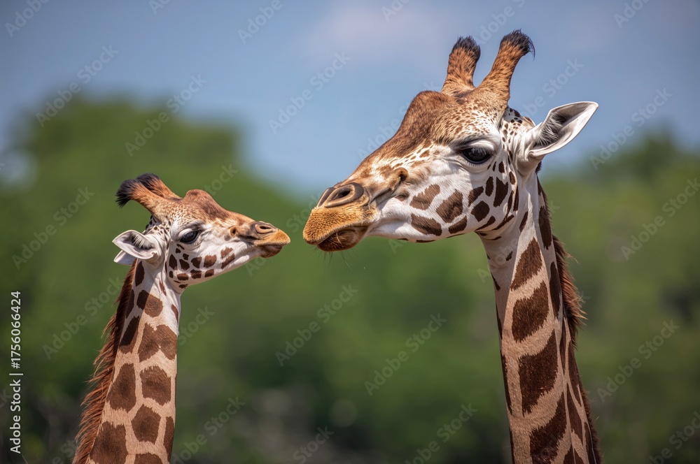 Obraz premium Infant giraffe standing next to its parent