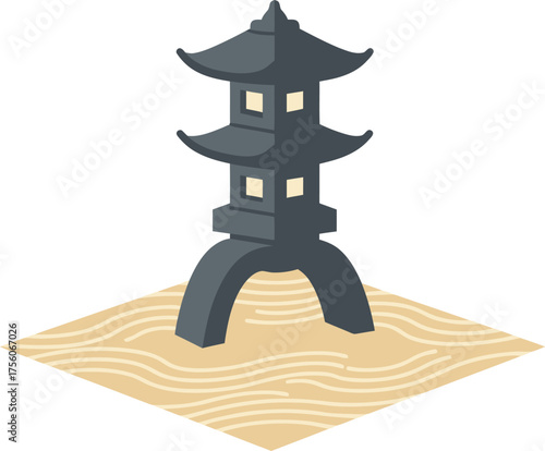 A zen garden featuring a stone Japanese lantern.