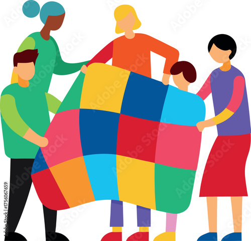 Diverse group of people holding a colorful patchwork quilt together generations family reunion