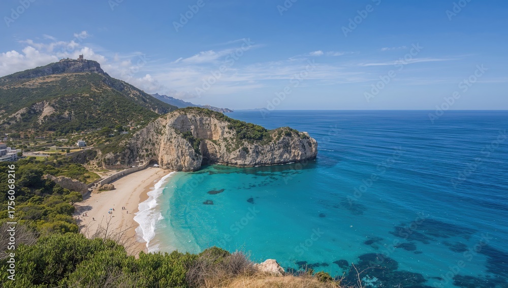 Fototapeta premium Bird's-eye view of a Mediterranean island's coastline and Cala Xinxell