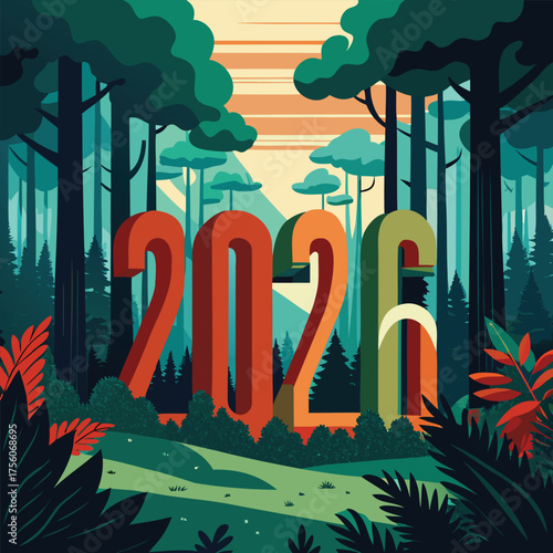  A dense forest with 2026 emerging between the trees