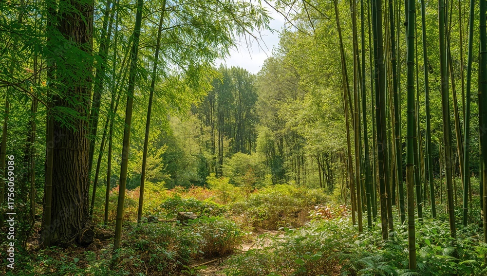 Fototapeta premium Abstract pattern of bamboo and tree leaves in a natural garden setting