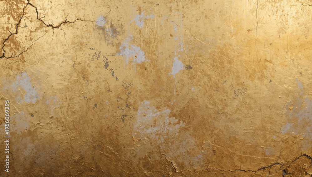 Obraz premium Gold paint splattered on a textured, rough stucco wall surface. Background and wallpaper with a golden texture.