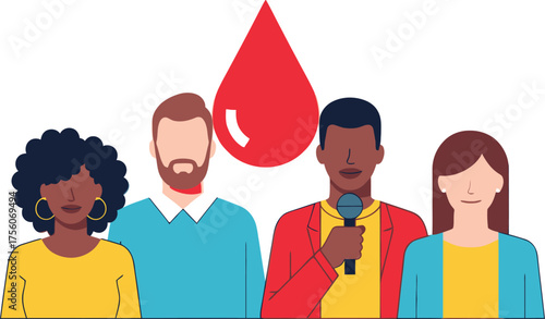 A diverse group promoting blood donation; clean, flat design.