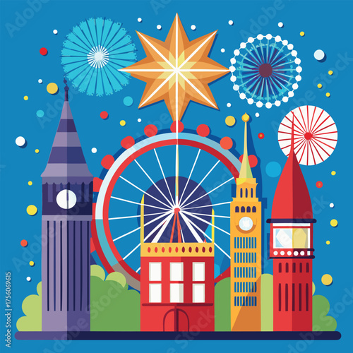 The London Eye and Big Ben with celebratory bursts behind them..