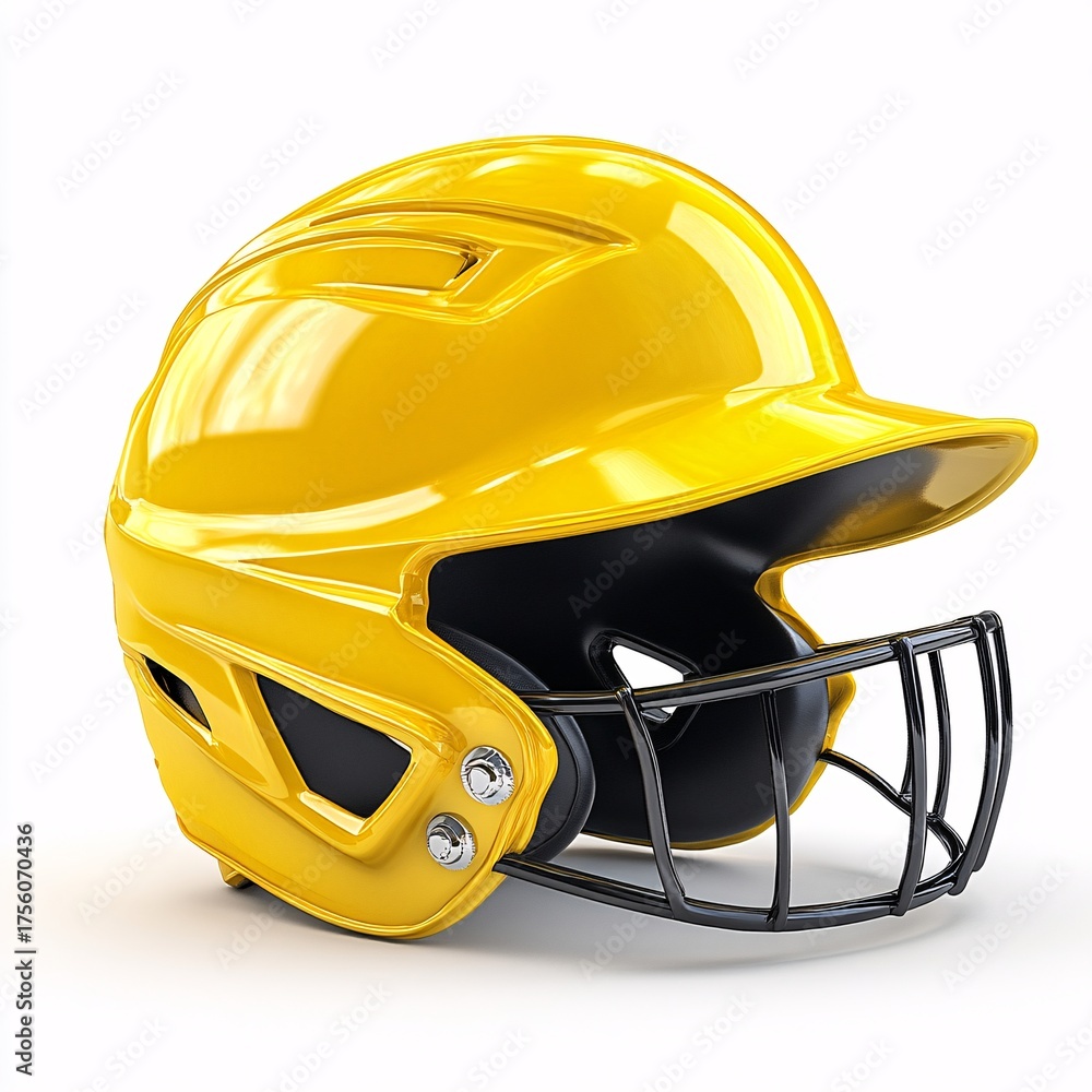 Fototapeta premium A yellow baseball helmet with a black face guard stands ready for action, embodying protection and sportsmanship. Isolated in white background, it symbolizes dedication to the sport.