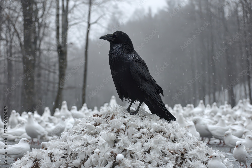 Fototapeta premium Black raven on white flowers, winter scenery with blurred background. Use this image for concepts of nature, contrast or natural composition.