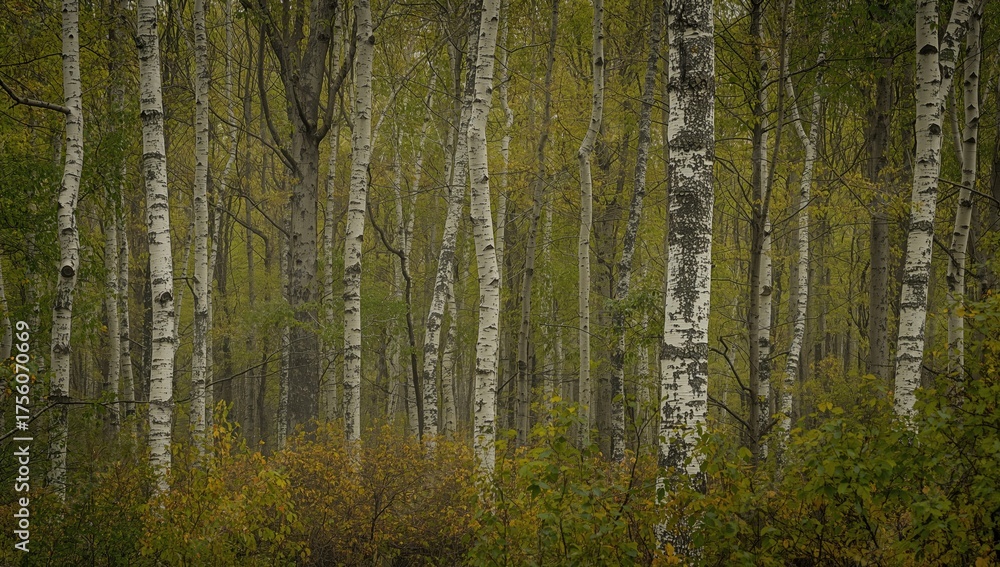 Fototapeta premium Close-up view of birch trunks in a lush leafy forest during a somber fall season. Themes of plant life, wildlife, and nature conservation.