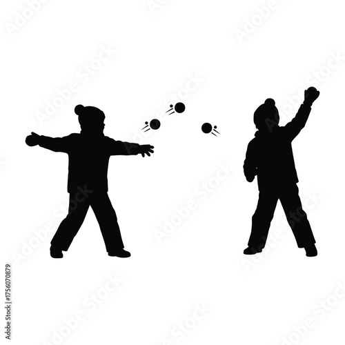 Silhouette of two children having a snowball fight a fun winter activity, perfect for holiday cards, posters, and social media posts