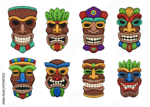 A collection of vector images of colorful wooden tiki masks representing the cultural symbols and designs of this tribal indigenous people.