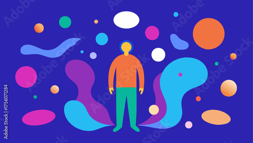 Artistic Element A whimsical design of a person surrounded by abstract shapes symbolizing exosomes and beauty featuring a vibrant palette and a sheet mask that blends seamlessly