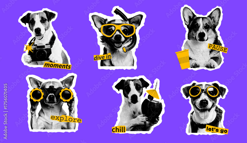 Obraz premium Set of retro styled halftone dogs with “explore”, “pause”, “chill”. Each dog features travel props and is isolated on a bright background. Great for t-shirts, stickers, posters, and editorial content.