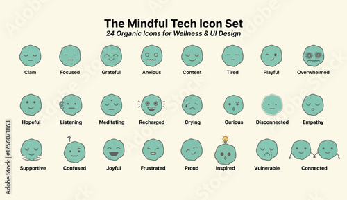 Mindful Tech Icon Set: 24 Organic Vector Icons for Wellness, Emotions, and UI Design