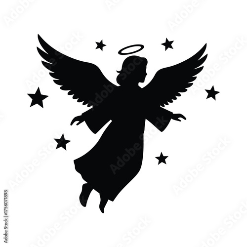 Silhouette of an angel with wings and a halo surrounded by stars, , representing peace, hope, and divine blessings