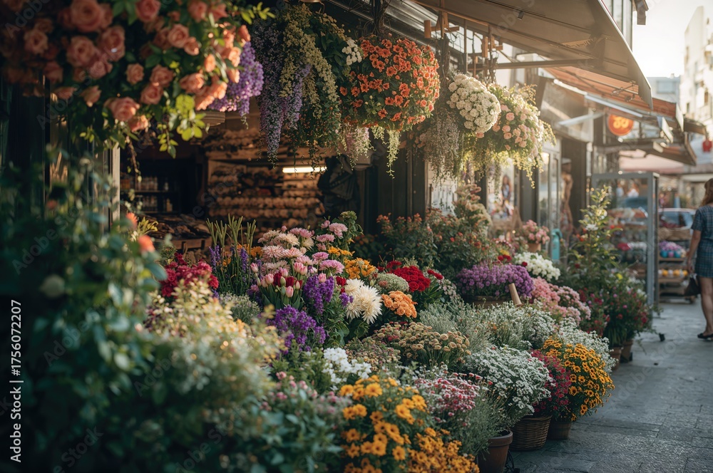 Fototapeta premium Marketplace flower shop bursting with blooms in spring and summer