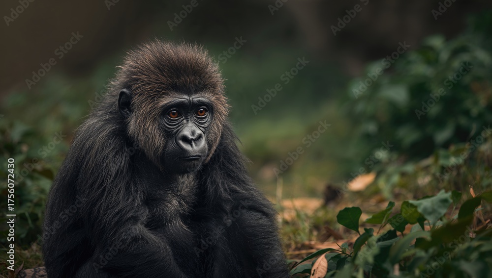 Obraz premium A young gorilla contemplating existence while seated.