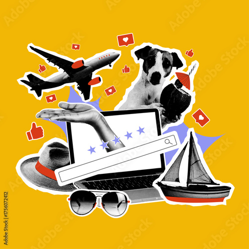 Fun retro composition for digital use and editorial media. Collage featuring a travel dog, boat, plane, laptop. A visual for modern tourism marketing and travel content creation. 