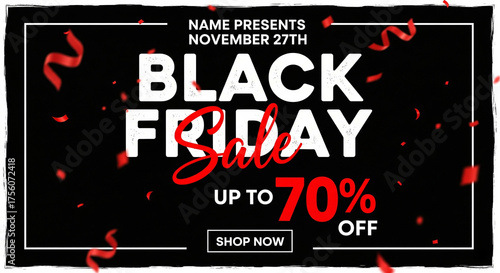 Black Friday Sale Banner Up to 70% Off with Confetti