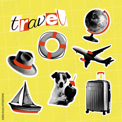 Minimalist travel collage featuring a dog, airplane, boat, hat, globe, suitcase, and lifebuoy. Vintage halftone style