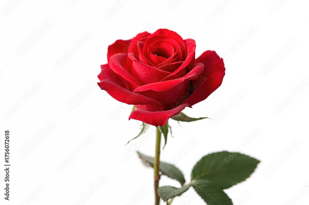 Naklejka premium Vibrant crimson rose on a pure white backdrop with cutout