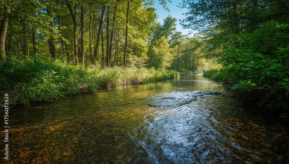 Obraz premium A narrow stream flowing under bright sunlight surrounded by lush vegetation