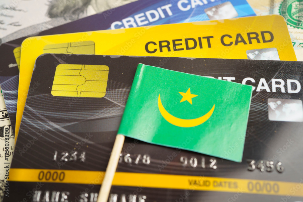 Obraz premium Mauritania flag on credit card, finance economy trading shopping online business.