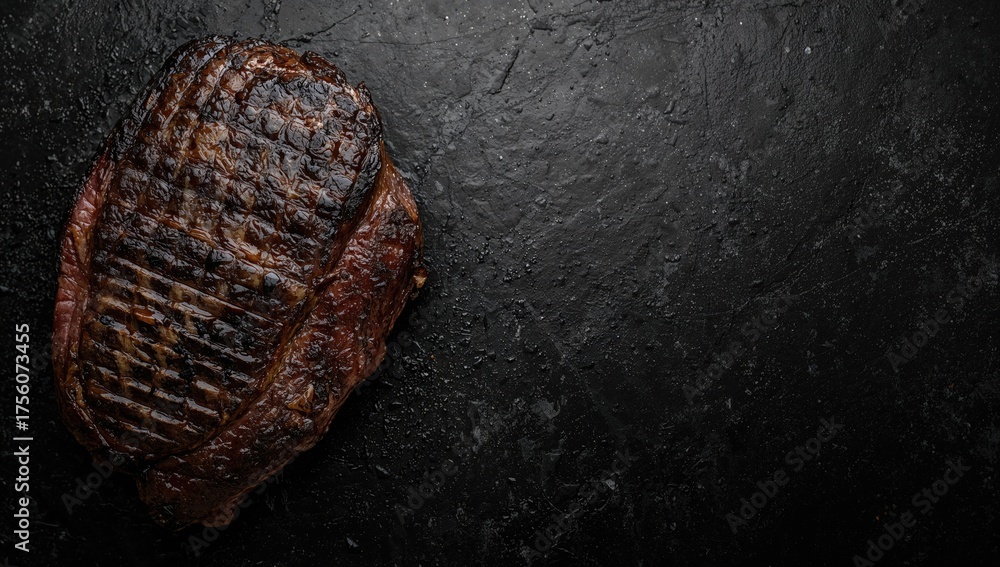 Fototapeta premium Bone-in grilled steak on a dark stone surface. Overhead view with space for text.