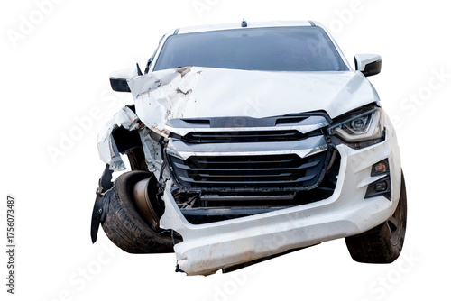 Full body front view of white  pickup car get damaged by accident on the road. damaged cars after collision. Isolated on transparent background , car crash broken, PNG File