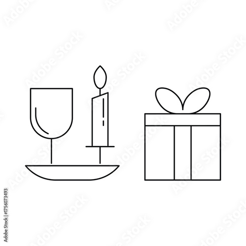 Celebration decoration, candlelight dinner, gift surprise, festive mood, party celebration, minimalist line art icon vector illustration.