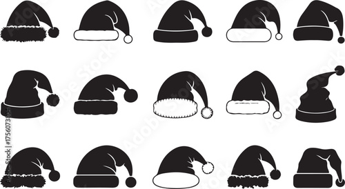Black silhouette Santa caps assortment for Christmas theme design, decoration, and festive artwork