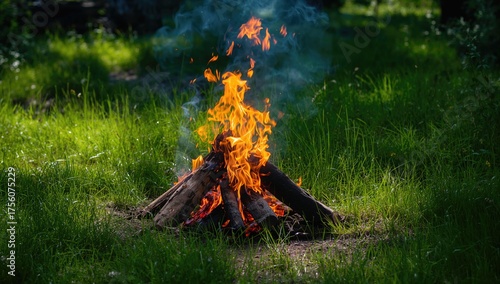 Wooden Logs and Flickering Campfire on a Green Grass Field During Daytime